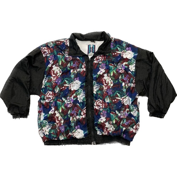 C01 2B Active 80s 90s Floral Windbreaker Bomber Jacket VTG Black Colorful Sz 1X - Picture 1 of 16